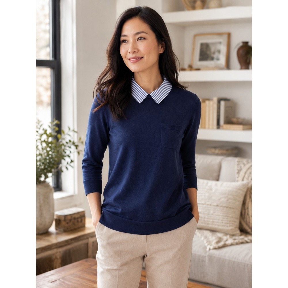 J. Crew Tippi Merino Wool Sweater Women's S  Striped Collar Blue White‎ Career